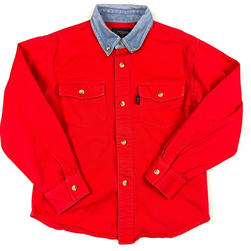 Roper Kids Red Cotton Twill Long Sleeve Shirt Denim Collar Size M 8-10